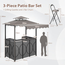 ERGOMASTER Grill Gazebo with Awning, 3pcs Outdoor BBQ Canopy with Bar Table & 2 Foldable Bar Chairs Set, Metal Storage Shelves, Double-Tier Soft Top Barbecue Shelter for Patio Poolside Garden Backyard