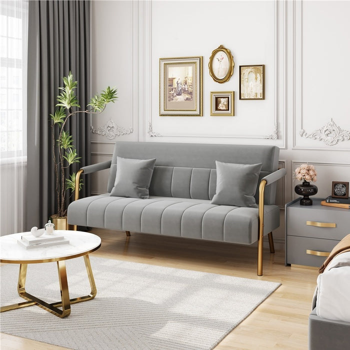 Costoffs Sofa Couch Modern Velvet Sofa Couch, 143cm Small Loveseat with Gold-tone Metal Arms & Legs, Upholstered Design, Includes 2 Pillows, Ideal for Bedroom, Home Office, Studio, Small Spaces, Light Grey/Green/Beige/Black/Pink