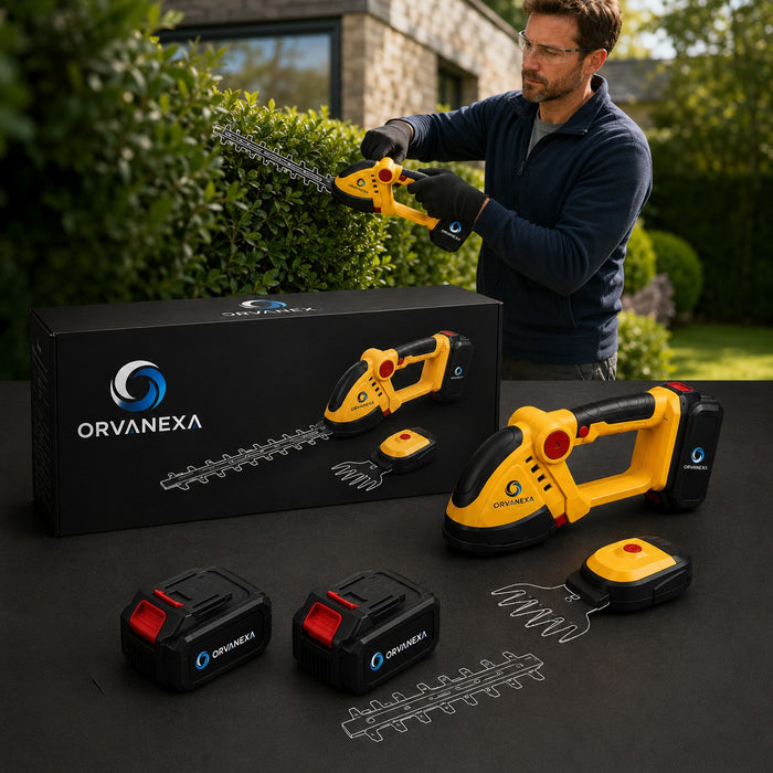 ORVANECA Cordless Hedge Trimmer Kit, a compact garden tool set for yard, lawn, and shrubbery maintenance