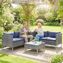 4 Seater Rattan Garden Furniture Set with Storage Box, Extra Wide Deep Corner Garden Sofa Loveseats, Glass-Top Coffee Table, Cushions, Outdoor Furniture Conversation Set for Patio, Dark Blue