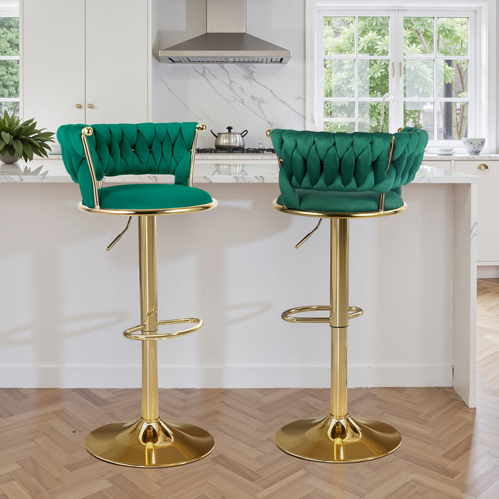 2pcs Modern Swivel Woven Velvet Bar Stools, Stool, 360° Swivel Adjustable Height Bar Stool with Backrests Golden Metal Tall Bar Stools Counter Height for Kitchen Island, for Christmas, Festival, New Year'S Gift