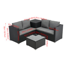 4-seater Garden Furniture Set (with Cushions), L-shaped Rattan Corner Sofa Set (with Storage Box and Glass Coffee Table), Metal-framed Outdoor Furniture Set, Suitable for Patios and Conservatories (black Rattan with Dark Grey Cushions)