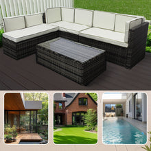 Grey Rattan Garden Corner Sofa Set with Glass Coffee Table for Patio Outdoor Lounge All-weather Furniture Backyard