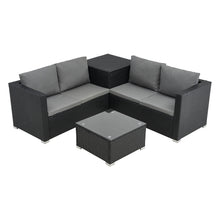 4-seater Garden Furniture Set (with Cushions), L-shaped Rattan Corner Sofa Set (with Storage Box and Glass Coffee Table), Metal-framed Outdoor Furniture Set, Suitable for Patios and Conservatories (black Rattan with Dark Grey Cushions)