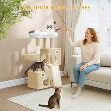 98cm Cat Tree, Cat Tower for Indoor Cats, Multi-Level Cats House Furniture with Scratching Post, 2 Caves, Large Platform, Scratching Ramp, Pompom, Light Grey