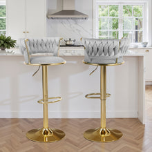 2pcs Modern Swivel Woven Velvet Bar Stools, Stool, 360° Swivel Adjustable Height Bar Stool with Backrests Golden Metal Tall Bar Stools Counter Height for Kitchen Island, for Christmas, Festival, New Year'S Gift