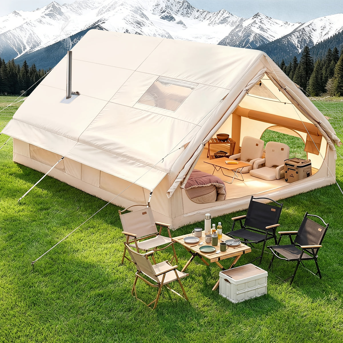 Inflatable Camping Tent with Chimney Opening And Roof Window, Air Pump Included for 2-10 People, Oxford Cloth Four-Season Inflatable Tent, Quick Setup Air Tent