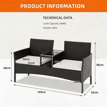 Nordivale 2-Seater Rattan Bistro Set with Built-in Glass Table, Outdoor Garden Love Seat with Cushions & Rain Cover – Black PE Wicker, Beige / Dark Grey / Navy / Light Grey
