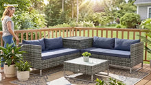 4 Seater Rattan Garden Furniture Set with Storage Box, Extra Wide Deep Corner Garden Sofa Loveseats, Glass-Top Coffee Table, Cushions, Outdoor Furniture Conversation Set for Patio, Dark Blue
