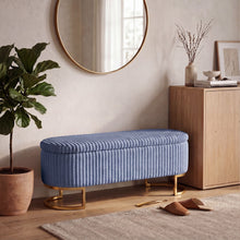 Upholstered Storage Bench with Flip Lid, Corduroy Fabric Padded Ottoman Footrest, Oval-shaped Bedroom End of Bed Bench Stool Footstool, Light Luxury Golden Metal Legs, Perfect for Bedroom, Hallway, Living Room (1pc )