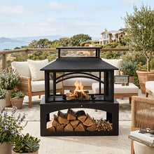 Nordivale Outdoor Fire Pit with Wood Storage, 81.28cm Metal Fireplace for Backyard Patio, 360° Safety Mesh Screen, Large Steel Wood Burning Pit for Garden, Deck, Party (Black)