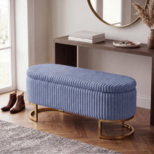 Upholstered Storage Bench with Flip Lid, Corduroy Fabric Padded Ottoman Footrest, Oval-shaped Bedroom End of Bed Bench Stool Footstool, Light Luxury Golden Metal Legs, Perfect for Bedroom, Hallway, Living Room (1pc )