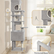 Scratching Post, 178cm Cat Tree with Large Platform, 2 Caves, 7 Scratching Posts, Pompoms, Loungers, Hammock, Suitable for All Cat Breeds, Light Grey