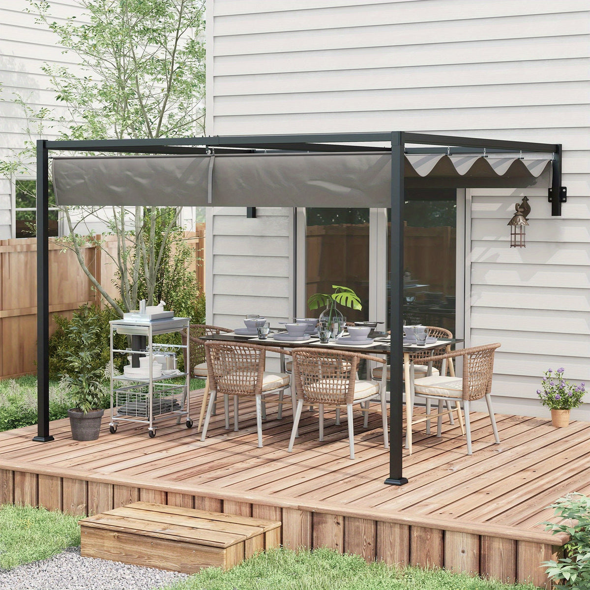 2 X 3(M) Lean to Pergola Featuring a Retractable Roof, Wall-Mounted Garden Gazebo for Outdoor Sun Protection on Patios And Decks