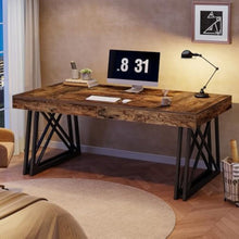 63-Inch Executive Desk, Farmhouse Office Computer Desk with Sturdy X-Shaped Legs, Large Writing Table Business Furniture Workstation for Home Office, Study (Rustic Brown & Black)