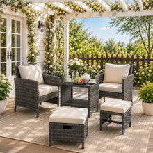 2 Seater Rattan Garden Sofa Set with 2 Armchairs, 2 Ottomans & Storage Coffee Table, Outdoor Patio Conversation Furniture, PE Wicker Chairs for Balcony