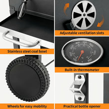 Charcoal Grill with Lid, Grill Grill Cart BBQ Smoker, Grill Cart Charcoal with Wheels, Grill Grate And Thermometer, Small Charcoal Grill Cart, Height-adjustable Grill, Stand Grill for Camping, Garden