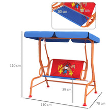 2 Seat Kids Swing Chair with Adjustable Canopy, Cowboy Themed Double Kids Garden Swing Bench with Safety Belts for Patio Park Porch, for Ages 3-6 Years - Red and Blue