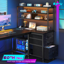 152.4cmH Tall L-Shaped Corner Computer Desk, Reversible Gaming Desk with Storage Rack And Fabric Drawers And Mesh PC Tower Stand, PC Table Workstation, Suitable for Home Offices