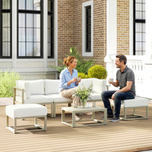 Garden Daybed, 6pcs Outdoor Sectional Sofa Set, Aluminium Patio Conversation Furniture Set with Coffee Table, Footstool and Cushions, Cream White