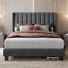 Costoffs Upholstered Bed Frame, Double/King Size Bed Frame, Platform Bed Frame with Channel Tufted Headboard, Upholstered Bed Frame with Wing Side, Mattress Foundation with Wooden Slat Support, Sturdy Wooden Slat Support, No Box Spring Needed, Beige/Dark