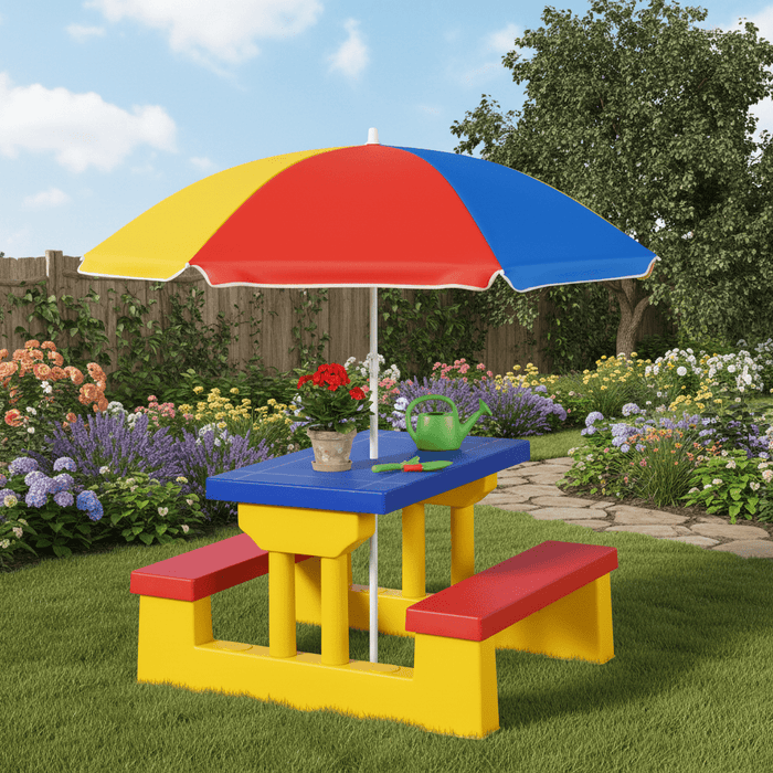 ERGOMASTER Kids Picnic Table Set with Umbrella, Premium PP Outdoor Table and Bench for 4, Removable Folding Sunshade, Children's Activity Table for Backyard, Patio, Garden & Indoor Playroom