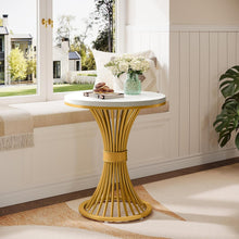 Round Modern Side Table, Faux Marble Accent Side Table with Gold Metal Base, Small White Gold Sofa Side Table for Living Room, Bedroom, Office, Small Space, White & Gold