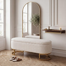 Upholstered Storage Bench with Flip Lid, Corduroy Fabric Padded Ottoman Footrest, Oval-shaped Bedroom End of Bed Bench Stool Footstool, Light Luxury Golden Metal Legs, Perfect for Bedroom, Hallway, Living Room (1pc )