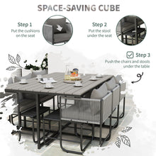 10 Seater Rattan Cube Garden Furniture Set, Rattan Dining Set with Cushions, Outdoor Dining Table and Chairs with 6 Armchairs, 4 Stools, Rectangular Wood Grain Plastic Top Table