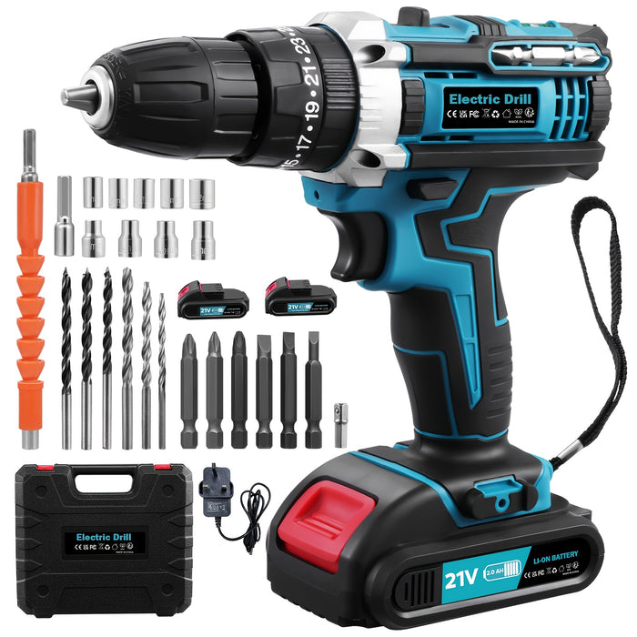 1 Set Cordless Electric Screwdriver, Cordless Drill, Drill Set Maximum Torque 50Nm, 2-Speed Modes, Built-in LED Light, Come with 2*2000mAh Lithium Batteries, 1*Charger, Assorted Drill Bits, Ideal for Home Renovation or Mechanical Equipment Installati