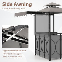 ERGOMASTER Grill Gazebo with Awning, 3pcs Outdoor BBQ Canopy with Bar Table & 2 Foldable Bar Chairs Set, Metal Storage Shelves, Double-Tier Soft Top Barbecue Shelter for Patio Poolside Garden Backyard
