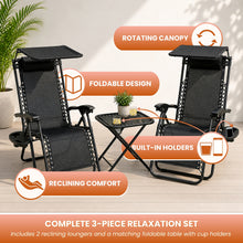 Garden Mile 3pcs Zero Gravity Sun Lounger Set with Table - 2 Folding Reclining Chairs with Canopy Shade, Cup Holder & Phone Tray, Adjustable Headrest, Portable Garden, Patio, Beach Chairs - Black
