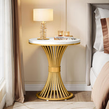 Round Modern Side Table, Faux Marble Accent Side Table with Gold Metal Base, Small White Gold Sofa Side Table for Living Room, Bedroom, Office, Small Space, White & Gold