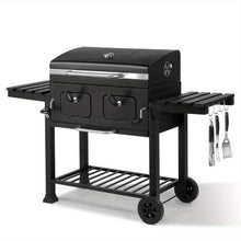 Large Heavy-Duty Cast Iron Outdoor BBQ Grill & Smoker - Commercial-Grade Portable Charcoal Grill with Dual Doors, Foldable Tabletop & Side Tables, Heavy-Duty & Wheels for Backyard, Patio, Camping - No Assembly Required (