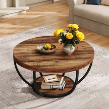 Round Wooden Coffee Table – Double-Layer Design with Open Storage and Metal Legs, Ideal for Living Room or Bedroom