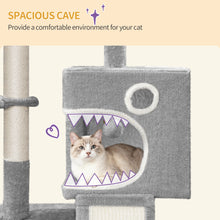 98cm Cat Tree, Cat Tower for Indoor Cats, Multi-Level Cats House Furniture with Scratching Post, 2 Caves, Large Platform, Scratching Ramp, Pompom, Light Grey