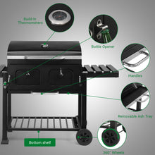Large Heavy-Duty Cast Iron Outdoor BBQ Grill & Smoker - Commercial-Grade Portable Charcoal Grill with Dual Doors, Foldable Tabletop & Side Tables, Heavy-Duty & Wheels for Backyard, Patio, Camping - No Assembly Required (