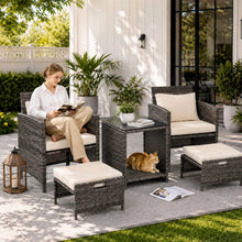 2 Seater Rattan Garden Sofa Set with 2 Armchairs, 2 Ottomans & Storage Coffee Table, Outdoor Patio Conversation Furniture, PE Wicker Chairs for Balcony