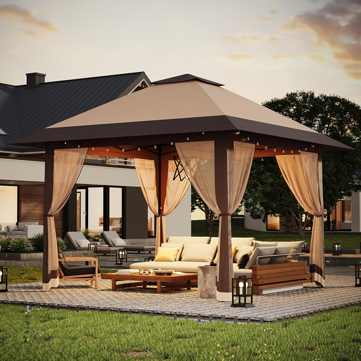 Portable Gazebo - 3.96X3.96meter Canopy Featuring Mosquito Netting & Dual Roof, Height Adjustable Pop Up Shelter, Easy Assembly, Uv-Resistant Canopy for Patio, Backyard, Garden, Events, Weddings, Outdoor Dining, And Patios