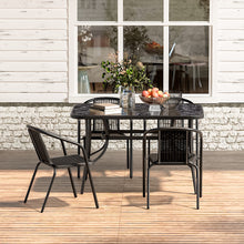 5pcs Garden Pub Table and Chair Set: 1 Table and 4 Chairs. Model A: 120 X 80 X 72 Cm Stone-effect Rectangular Table with Parasol Hole + 4 Black Plastic Rope-upholstered Stackable Chairs