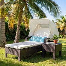 GOFLAME Chaise Lounge Chair and Table Set with Folding Canopy and Armrests, Rattan Reclining Chair with 6-Level Adjustable Backrest, Cushioned Recliner