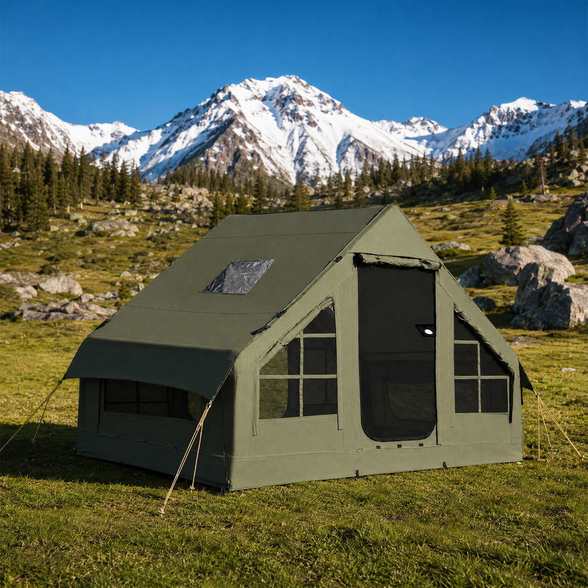 Army Green Outdoor Camping Inflatable Tent Mobile House, 8-10 Person Tents. Extra-Large Space for Comfortable Leisure, Picnics, and Barbecues. Portable, Foldable, and Easy to Store. Features Doors and Windows. Provides Ventilation, Warmth and Comfort