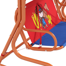 2 Seat Kids Swing Chair with Adjustable Canopy, Cowboy Themed Double Kids Garden Swing Bench with Safety Belts for Patio Park Porch, for Ages 3-6 Years - Red and Blue