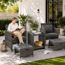 2 Seater Rattan Garden Sofa Set with 2 Armchairs, 2 Ottomans & Storage Coffee Table, Outdoor Patio Conversation Furniture, PE Wicker Chairs for Balcony