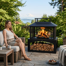 Nordivale Outdoor Fire Pit with Wood Storage, 81.28cm Metal Fireplace for Backyard Patio, 360° Safety Mesh Screen, Large Steel Wood Burning Pit for Garden, Deck, Party (Black)
