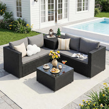 4-seater Garden Furniture Set (with Cushions), L-shaped Rattan Corner Sofa Set (with Storage Box and Glass Coffee Table), Metal-framed Outdoor Furniture Set, Suitable for Patios and Conservatories (black Rattan with Dark Grey Cushions)