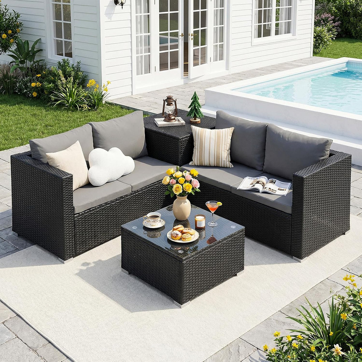 4-seater Garden Furniture Set (with Cushions), L-shaped Rattan Corner Sofa Set (with Storage Box and Glass Coffee Table), Metal-framed Outdoor Furniture Set, Suitable for Patios and Conservatories (black Rattan with Dark Grey Cushions)