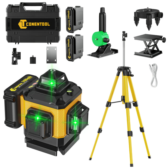Laser Level 360 Self Leveling, Green Line 4D 16 Lines Laser Leveler Tool Cross Laser with Platform Wall-Mount Bracket Target Plate Carrying Box 2 Batteries Set