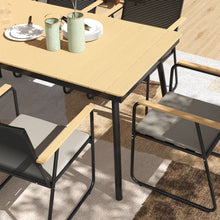 6 Seater Garden Dining Set with Soft Cushions, Rattan Backrest, Rectangular Plastic Top, Garden Furniture Set, Outdoor Dining Table and Chairs for Patio, Balcony, Poolside
