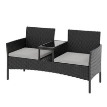 Nordivale 2-Seater Rattan Bistro Set with Built-in Glass Table, Outdoor Garden Love Seat with Cushions & Rain Cover – Black PE Wicker, Beige / Dark Grey / Navy / Light Grey